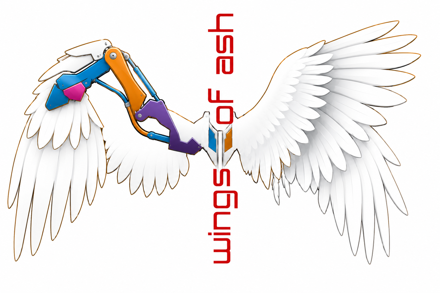 Original Wings of Ash logo, with one white wing and one wing supported by technology