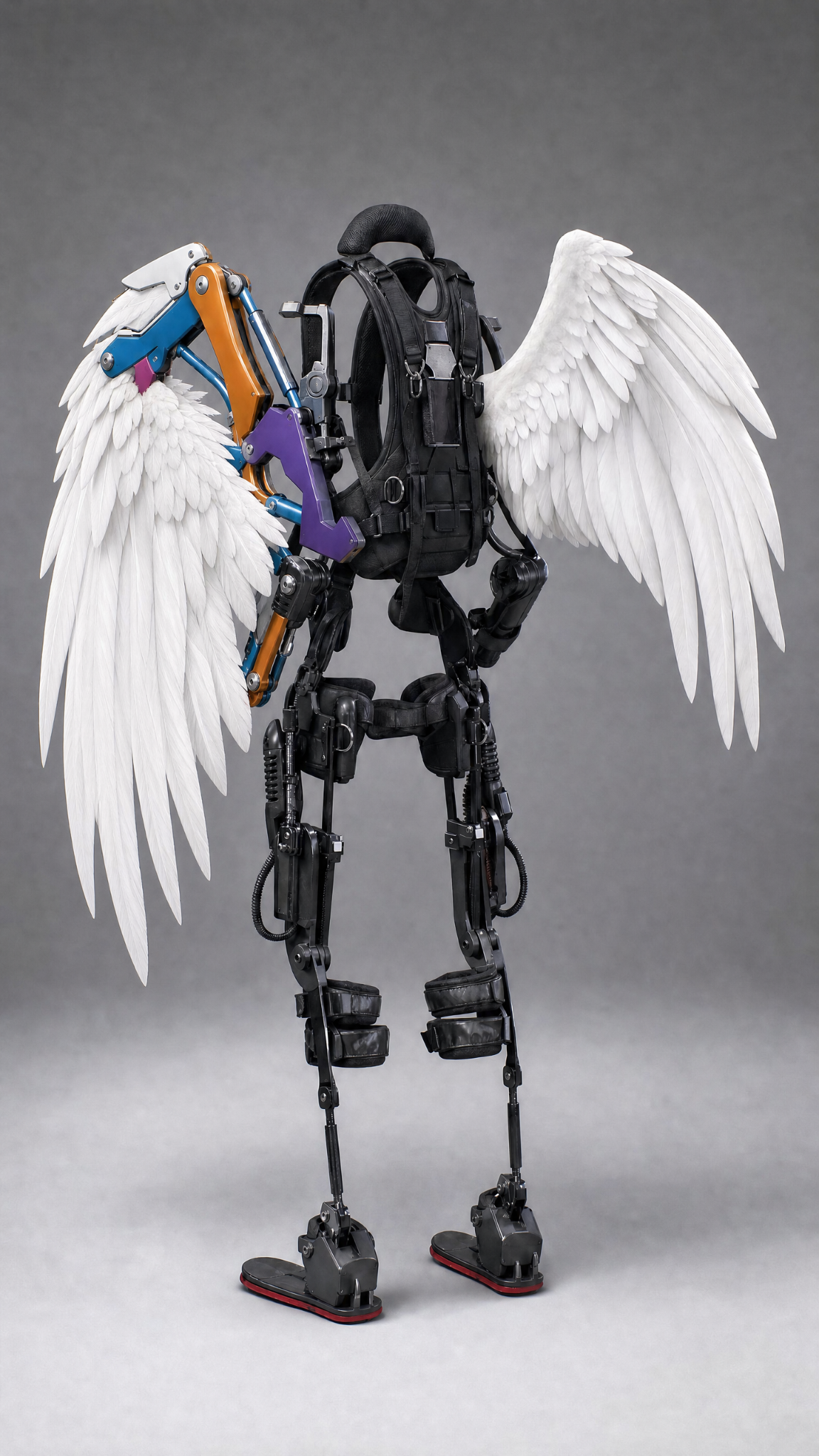 LUMA concept suit: a black robotic exoskeleton with a white feathered wing and a partially mechanical wing